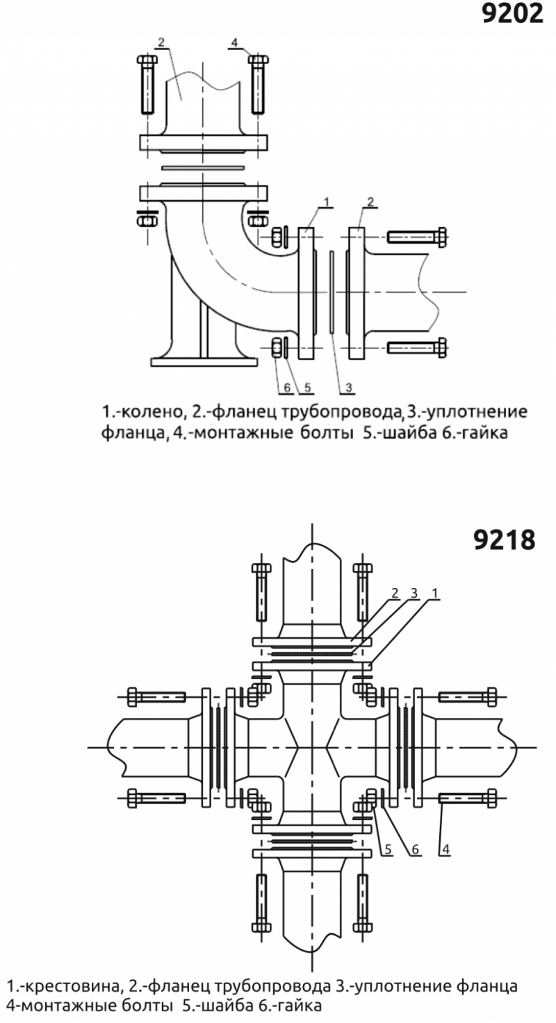 Отвод фланцевый с подставкой, крестовина фланцевая тип 9202/9218