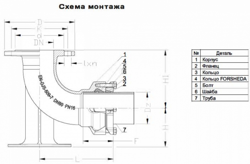 Отвод фланец-раструб для труб из ПЭ и ПВХ-О ТИП 9232